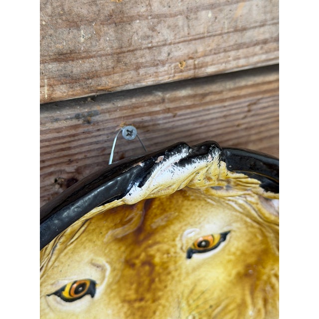 Vintage Italian Glazed Terracotta Lion Wall Plate | Sculptural Ceramic Wall Art For Sale - Image 4 of 11