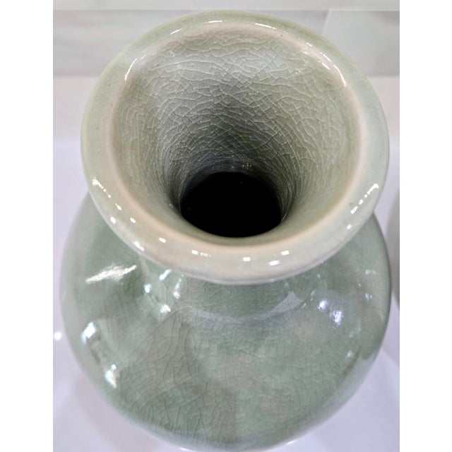Celadon Vintage Thai Celadon Green Crackle Glaze Ceramic Vases — A Pair For Sale - Image 8 of 17
