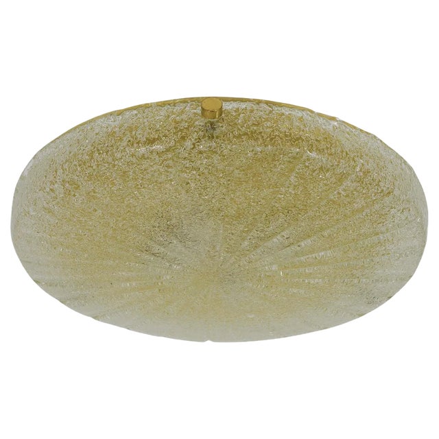 Textured Glass and Brass Flush Mount attributed to Carl Fagerlund for Orrefors, Sweden, 1950s For Sale
