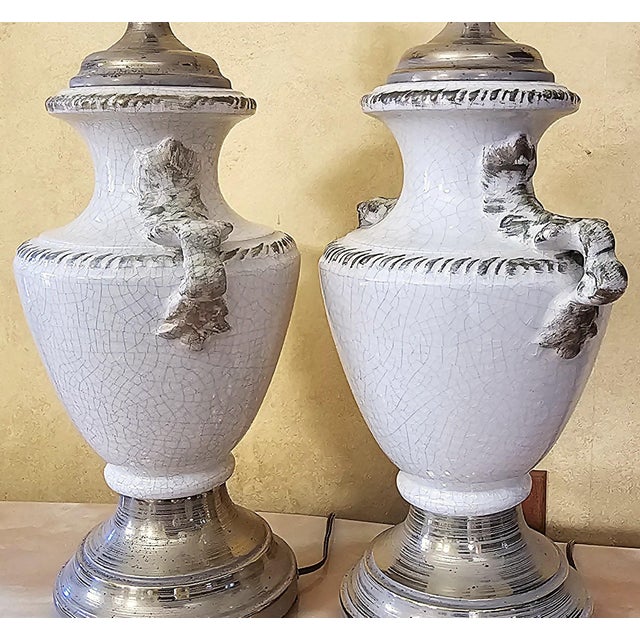 Vintage Pair of Neoclassical Trophy Urn Table Lamps in White Crackle Glaze – Made in Usa For Sale In Washington DC - Image 6 of 18