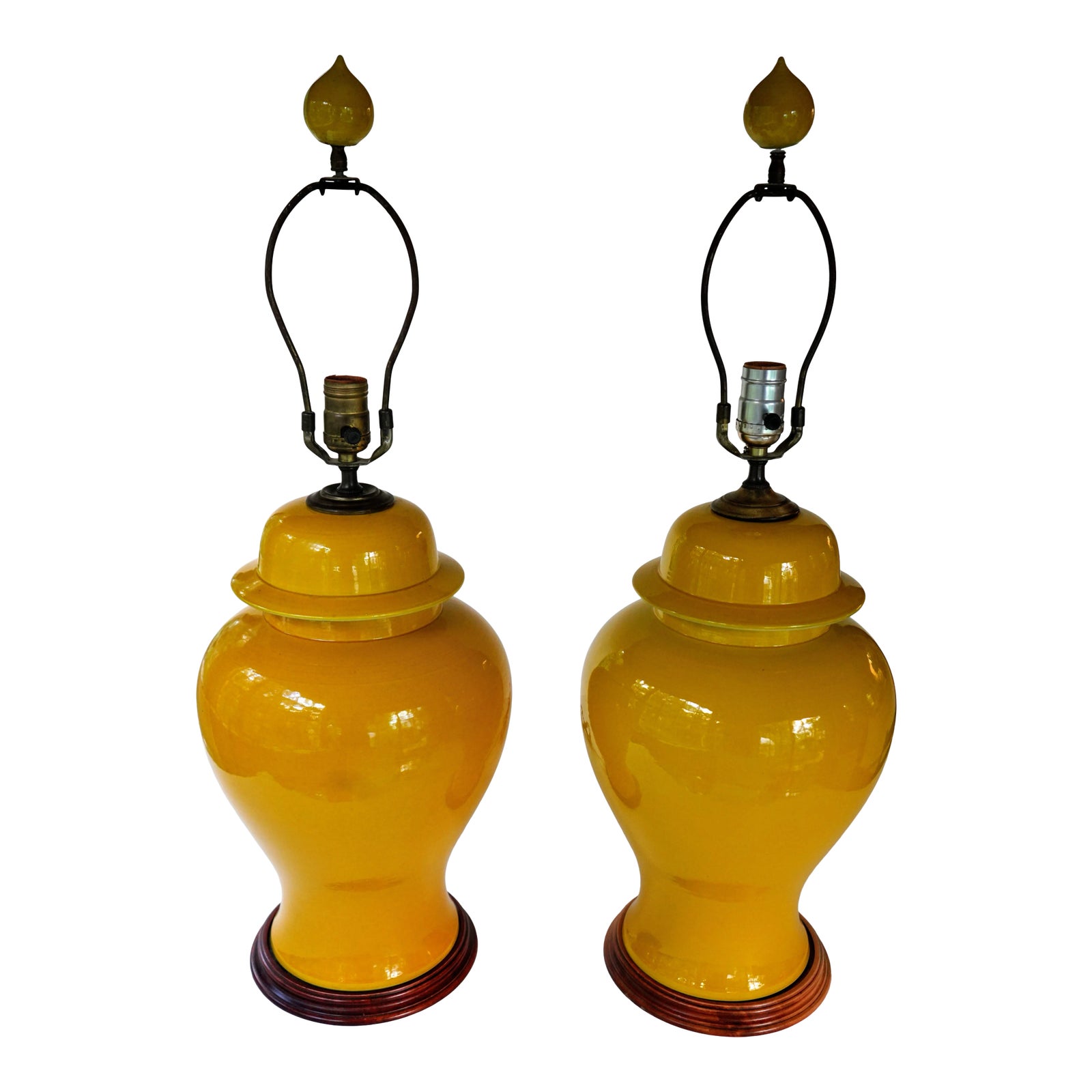 Mid Century Marigold Yellow Ginger Jar Lamps With Matching Finials a