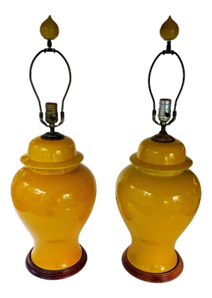 Mid Century Marigold Yellow Ginger Jar Lamps With Matching Finials - a Pair