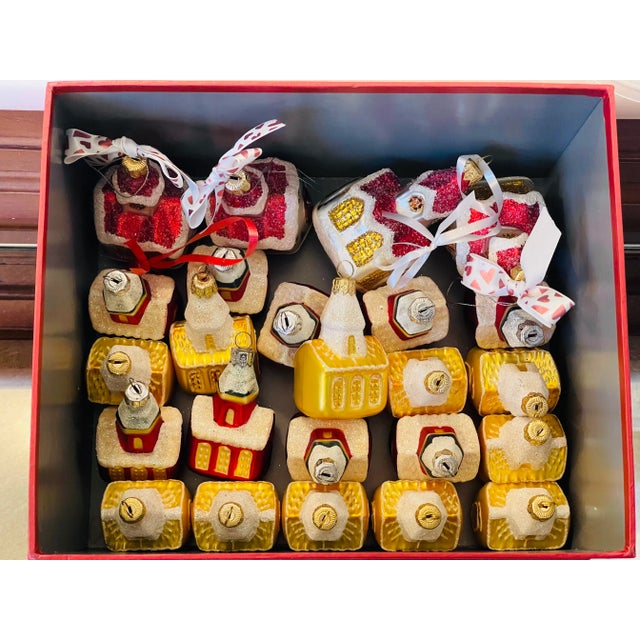 Spectacular Vintage European Christmas Ornaments figurines Churches , 24 pcs in a hardboard gift box. Made in authentic...