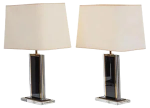 French Black and Clear Acrylic Glass & Brass Table Lamps, 1970s, Set of 2