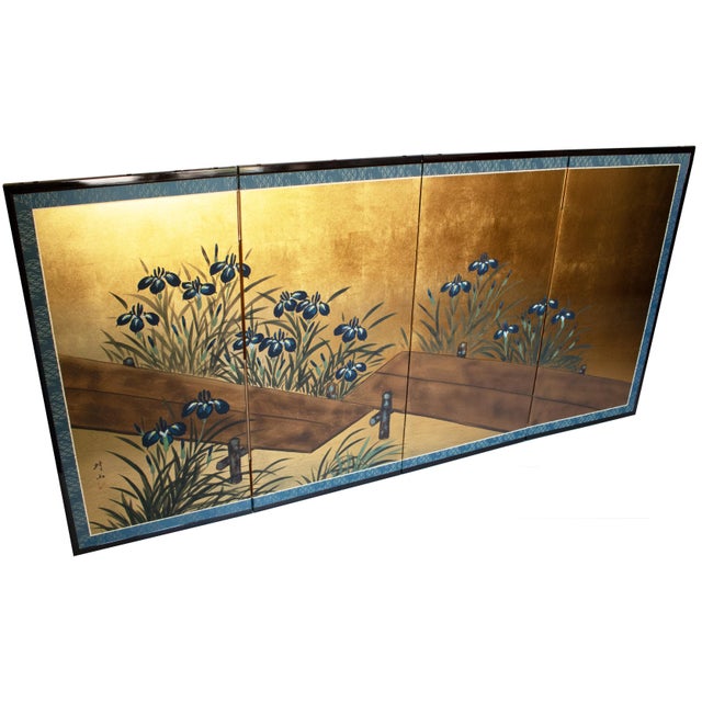 "Rinpa Iris Yatsuhashi" by Taizan, Heisei Era Japanese Painted Byobu Screen For Sale - Image 4 of 18