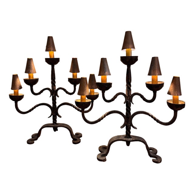 Large Wrought Iron Candelabra Table Lamps with Copper Shades, 1950s, Set of 2 For Sale