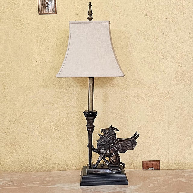 Vintage Neoclassical Bronze Winged Lion Griffin Table Lamp With Linen Shade For Sale - Image 13 of 18