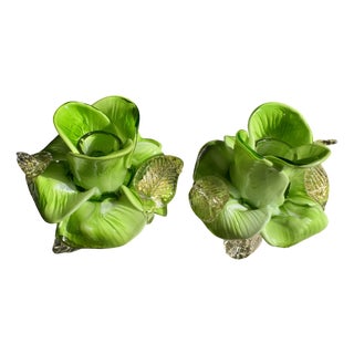 Salviatis Murano Glass Candleholders with Green Flowers with Gold Leaf Artisan Blown and Shaped Glass Candleholders by Salviati, Set of 2 For Sale