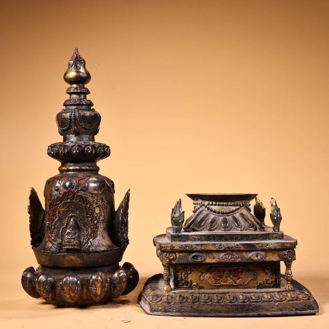 Bronze Large Vintage Gilt Bronze Tibetan Stupa - Himalayan Buddhist Chorten Altar Shrine For Sale - Image 8 of 10
