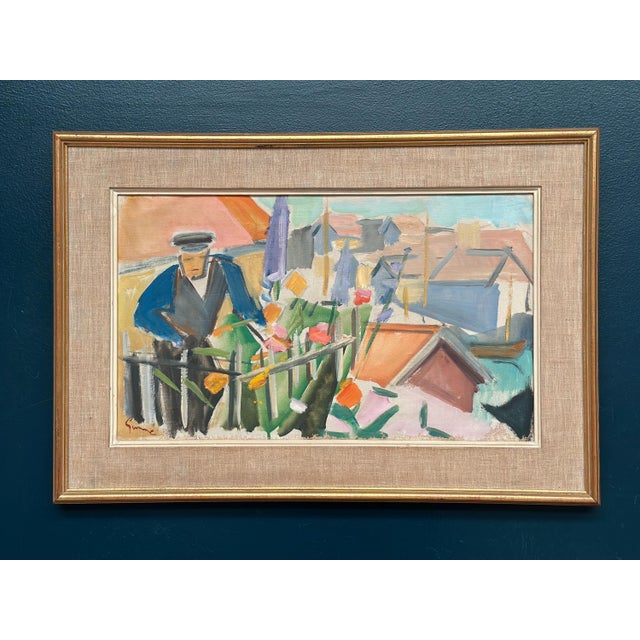 Carl Gunne, Figure by a Fence with Flowers, 1950s, Oil Painting on Canvas, Framed For Sale - Image 15 of 18