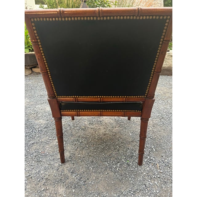 Mid-Century Hollywood Regency Faux Bamboo & Tufted Black Leather Armchair For Sale - Image 10 of 11