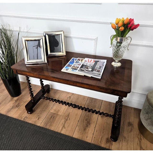 Antique Italian Walnut Burl Inlay Console or Side Table with Bobbin Turned Legs, 1890s For Sale - Image 5 of 10