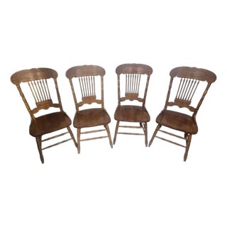 Vintage Solid Oak Carved Pressed-Back Dining Chairs, Set of 4, Early American Farmhouse For Sale