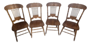 Vintage Solid Oak Carved Pressed-Back Dining Chairs, Set of 4, Early American Farmhouse