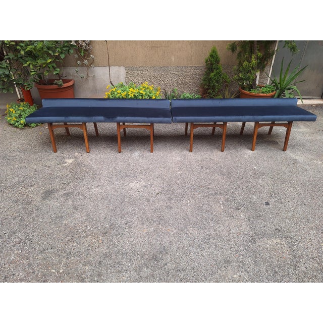 Bench in Light Wood with Electric Blue Velvet Seat, 1960s For Sale - Image 16 of 18