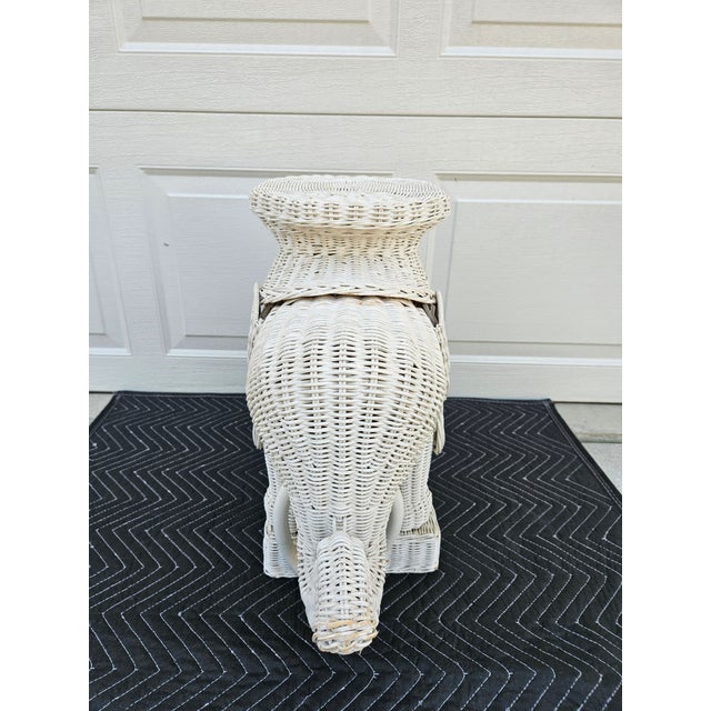 White Wicker Elephant With Tusks Side Table For Sale - Image 6 of 13