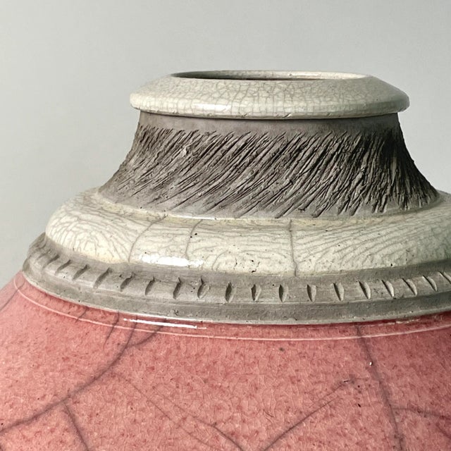1990s Vintage Pink Raku Fired Incised Ceramic Vessel, Signed (1993) For Sale - Image 5 of 9