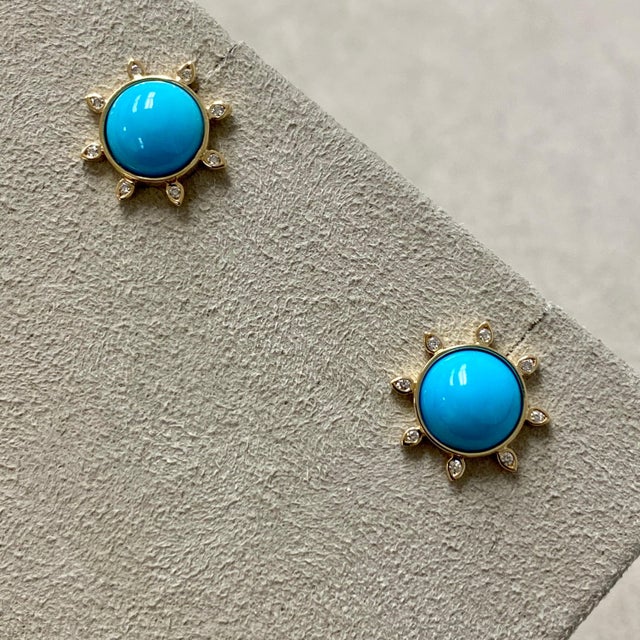 Contemporary Syna Turquoise Yellow Gold Earrings with Diamonds, a Pair For Sale - Image 3 of 5