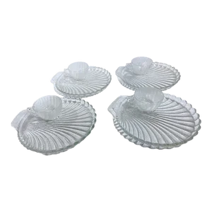 Vintage Anchor Hocking Clam Shell Shaped Embossed Scallop Edge Textured Glass Snack Tray With Clam Shaped Demi Cups- 8 Pieces