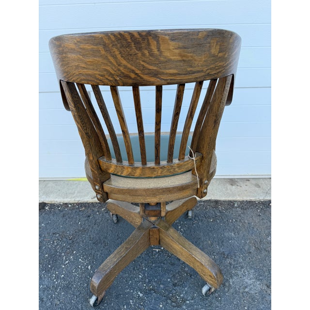 Victorian Antique Oak Bankers Chair With Hunters Green Seat For Sale - Image 3 of 12