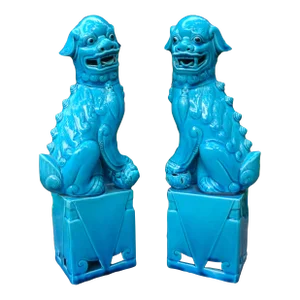 1950s Pair of Chinese Turquoise Glazed Porcelain Foo Dogs