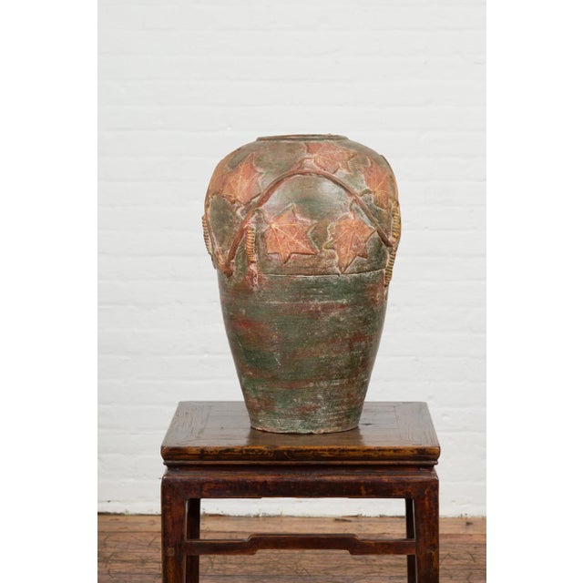 Vintage Thai Garden Vase with Vine Leaves Motifs, Orange and Green Tones For Sale - Image 12 of 13