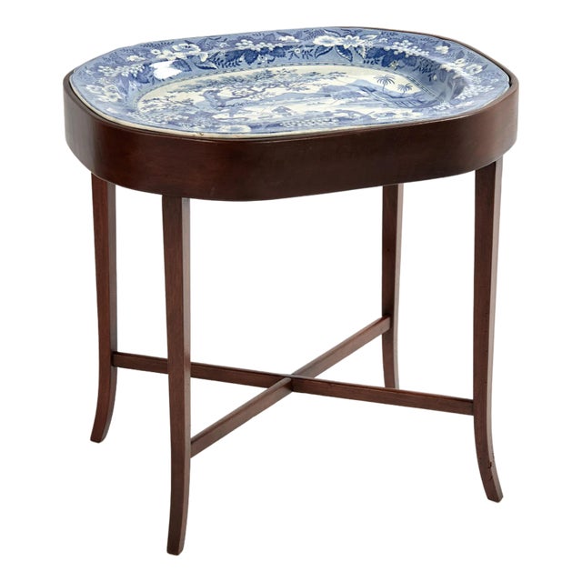 Antique English Blue and White Ironstone Platter on Stand For Sale