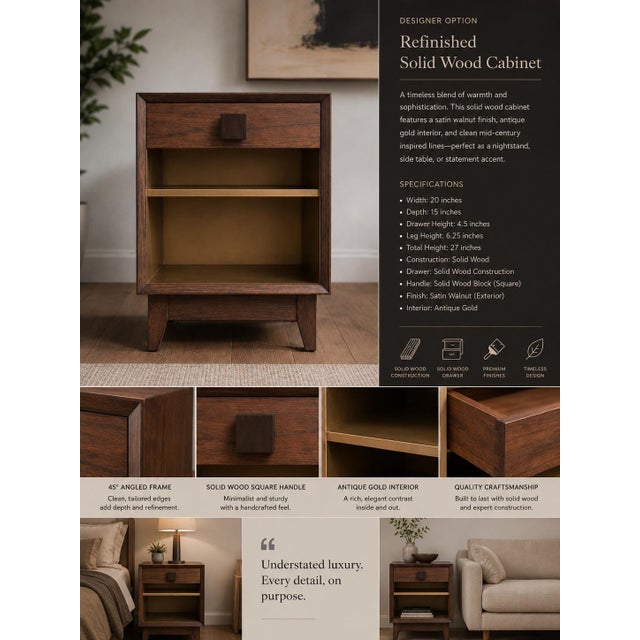 Mid-Century Modern Old Chapel Satin Walnut™ Architectural Nightstand With Antique Gold Interior For Sale - Image 3 of 3