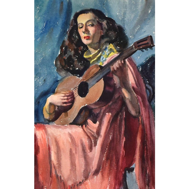 Large Watercolor Painting of a Woman Playing Guitar by Stephen Horvath C.1940s For Sale - Image 4 of 6
