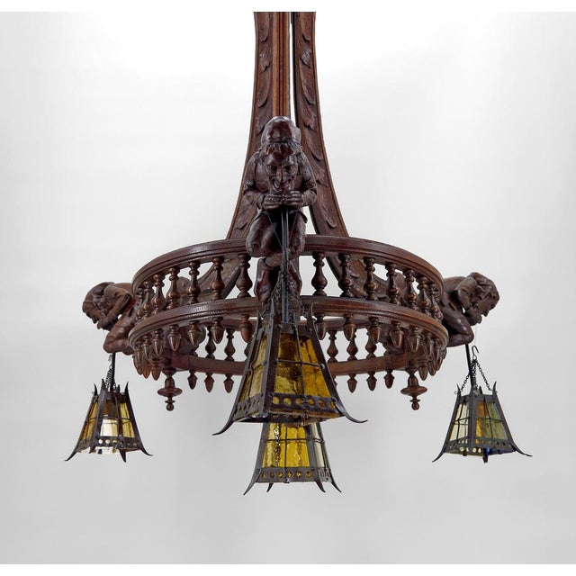 Gothic Chandelier Carved with Jesters & Lanterns, France, 1900s For Sale - Image 5 of 18