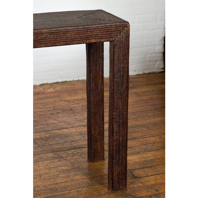 Rustic Vintage Thai Dark Brown Stained Woven Rattan Country Style Console Table For Sale In New York - Image 6 of 13
