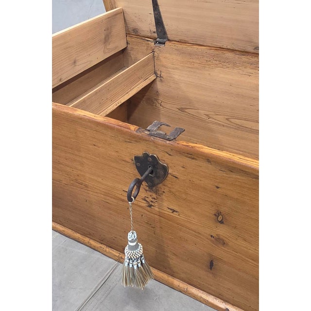 Antique German Natural Pine Storage Trunk With Original Iron Key For Sale - Image 9 of 13