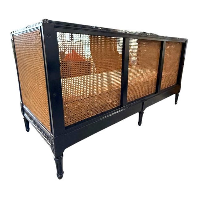 Vintage Black High-Gloss Lacquer Double-Caned Daybed With Custom Tiger Upholstery For Sale - Image 15 of 16