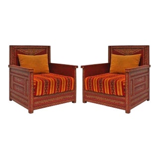 Vintage Moroccan Armchairs with Handpainted Wood Marquetry - A Pair For Sale