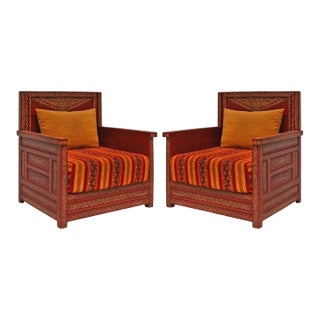 Vintage Moroccan Armchairs with Handpainted Wood Marquetry - A Pair For Sale