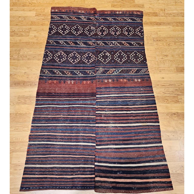 Early 20th Century Vintage Turkish Kilim Rug, Handwoven Wool, Geometric Pattern, Indigo Blue & Rust-Red, 5x8 For Sale - Image 5 of 13