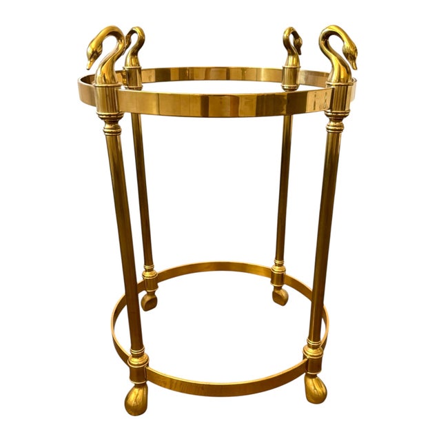 1970s Vintage Hollywood Regency Brass Swan Head Side Table With Thick Hexagonal Shaped Beveled Glass Top For Sale - Image 5 of 7