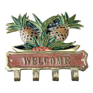 Vintage Brass Pineapple Welcome Sign Plaque With Hooks for Keychains Keys For Sale