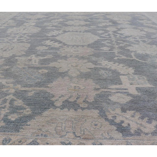 Modern Oushak With Large Floral Motifs With Cream Blue and Steel Blue For Sale - Image 4 of 12