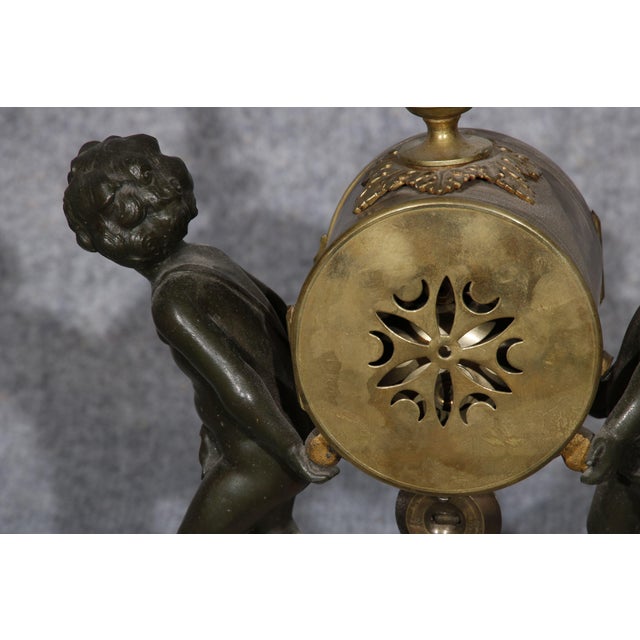Metal Napoleon II Louis XVI Style Fireplace Clock with Putti Carrying a Dial, 1860s, Set of 3 For Sale - Image 7 of 18