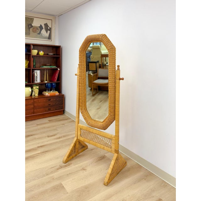 Hollywood Regency Vintage Coastal Hexagon Wicker Floor Mirror, Rattan Standing Full Length Mirror For Sale - Image 3 of 9