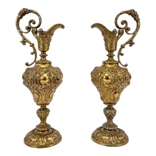 Pair of Ornate Rococo Revival Brass Ewers – Mid-Century Mantel Décor For Sale