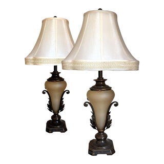 1980s Frosted Glass Neoclassical Matching Table Lamps With Silk Bell Shades - a Pair For Sale