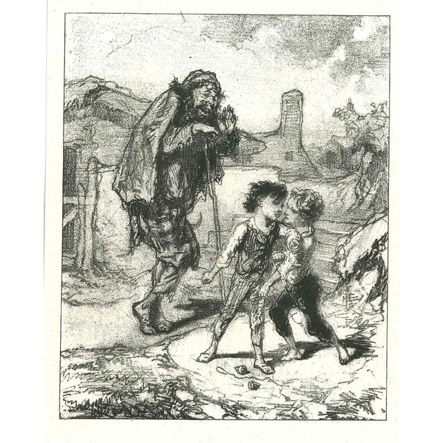 Paul Gavarni, The Passenger Talking to Children, Original Lithograph, 1881 For Sale