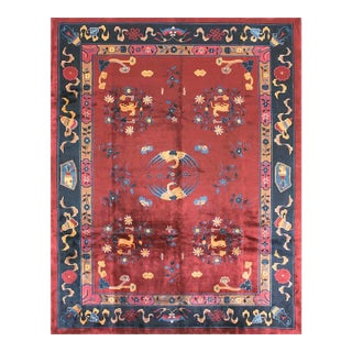 Antique 1900s Red Medallion Animals Traditional Peking Chinese Knotted Wool Rug For Sale