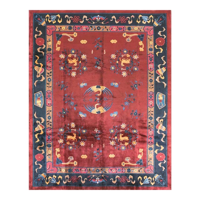 Antique 1900s Red Medallion Animals Traditional Peking Chinese Knotted Wool Rug For Sale