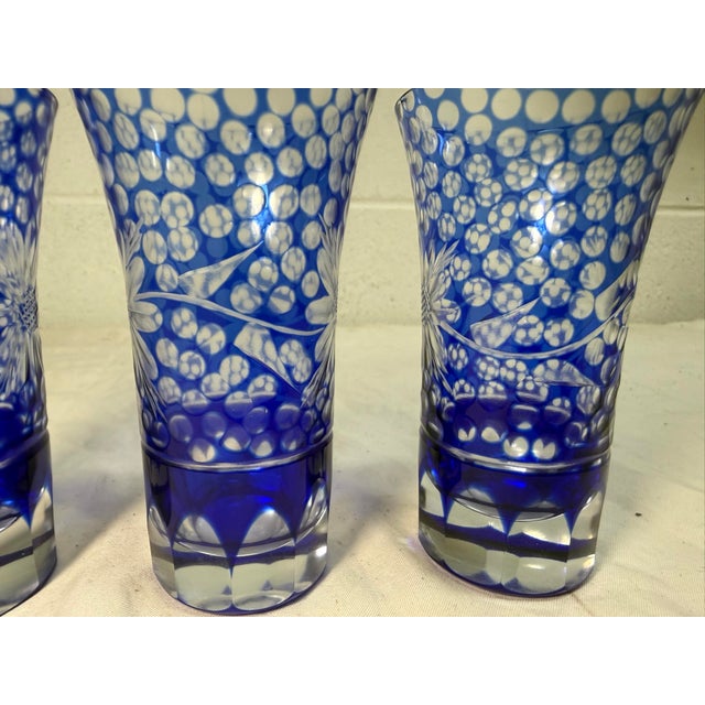 Vintage Elaborate Cut to Clear Crystal Glass Czech Cobalt Blue Shot Glasses - Set of 3 For Sale - Image 9 of 11