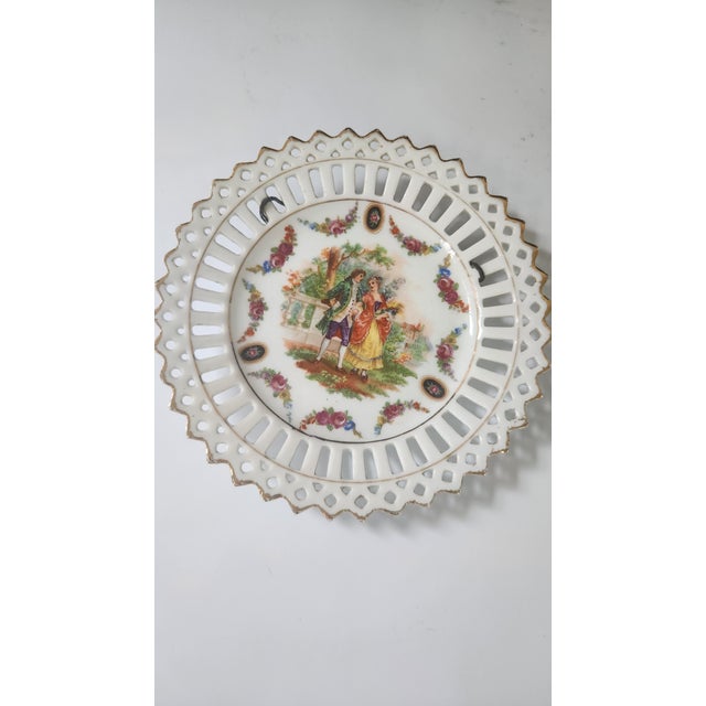 Mid-Century Modern Pair of Vintage German Reticulated Porcelain Courting Couple Cabinet Plates For Sale - Image 3 of 16