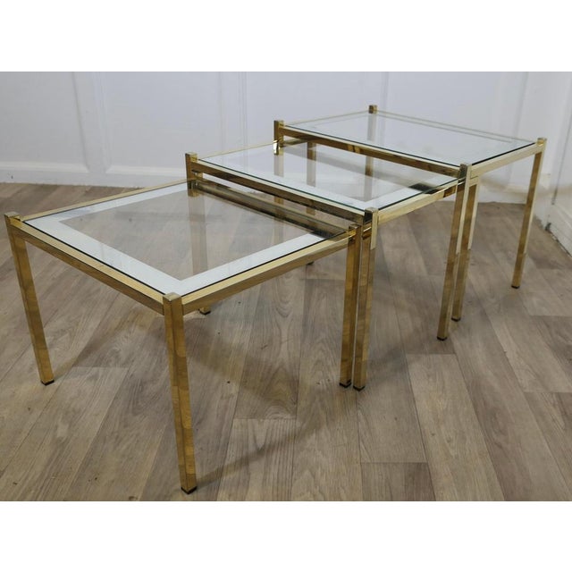 Art Deco Glass Mirror and Brass Nest of Tables, 1960s, Set of 3 For Sale - Image 4 of 9