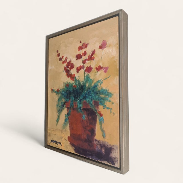 English Vintage Original Still Life Potted Begonia Flower Oil Painting Signed For Sale - Image 3 of 8